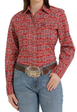 Ladies Cinch Red Print Snap Shirt
