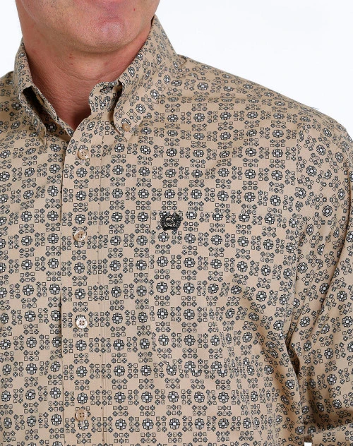 Men's Cinch Khaki Geo Print Shirt Long Sleeve - Image 4